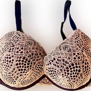 Victoria's Secret Very Sexy Push Up Lace Overlay Bra in Cream and Blue